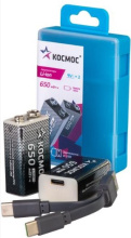 Акк Li-ion 6F22  650мАч Космос 2xBL зарядка от USB+кабель (6/72)