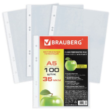 Файл А5 Brauberg 35мкм 148х210мм ВЕРТИКАЛЬНЫЕ комплект 100шт (5/20)