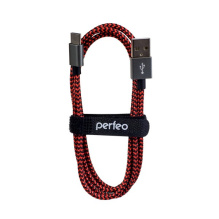 Каб USB-TypeC  1м Perfeo нейлон метал коннекторы чёрный/красный (1/50)