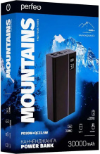 З/у-акк 30000мАч Perfeo MOUNTAINS PD+QC 3.0/1 Type-C/4 USB/Выход: 3A, max 22,5W/LED чёрный (10)