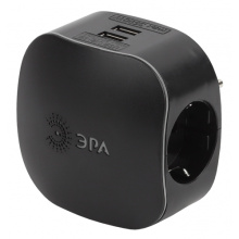 Тройник Эра 16A с/з + 2гн USB 2100mA черный (6/36)