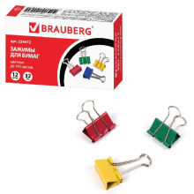 Зажим для бумаг 32мм Brauberg 12шт в коробке цветные (1/12/120)