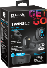 Гарнитура вкладыши TWS Defender Twins 639 Bluetooth заряд станция 2000 мАч чёрный (40)