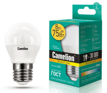 Лампа диод шар G45  8Вт Е27 3000К 720Лм Camelion (10)