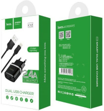 З/у 220В USBx2-iPhone8pin Hoco C12 2.4A 12Вт чёрный (1/10/100)