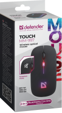 Мышь б/п бесшумная Defender Touch MM-997 4кн 800-1600dpi 2 режима подкл, RGB, АКБ, чёрный (1/100)