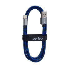 Каб USB-TypeC  1м Perfeo нейлон метал коннекторы чёрный/синий (100)