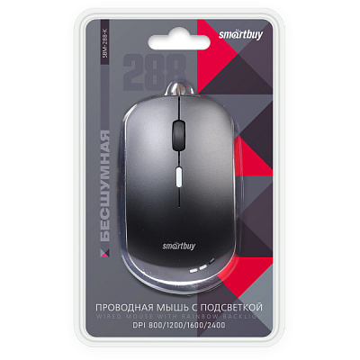 Мышь бесшумная Smartbuy 288 4кн 800-2400dpi подсветка черный (40)