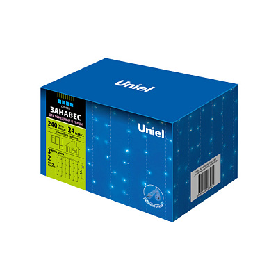 Занавес Uniel 240LED белый+синий 3х2м соед. мерц. провод прозрачный IP44 (12)