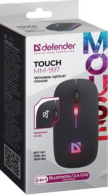 Мышь б/п бесшумная Defender Touch MM-997 4кн 800-1600dpi 2 режима подкл, RGB, АКБ, черный (1/100)