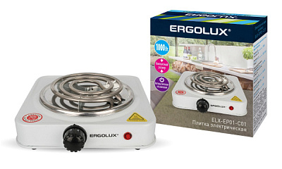 Электроплитка 1конф Ergolux ELX-EP01-C01 1000Вт спираль белый (12)